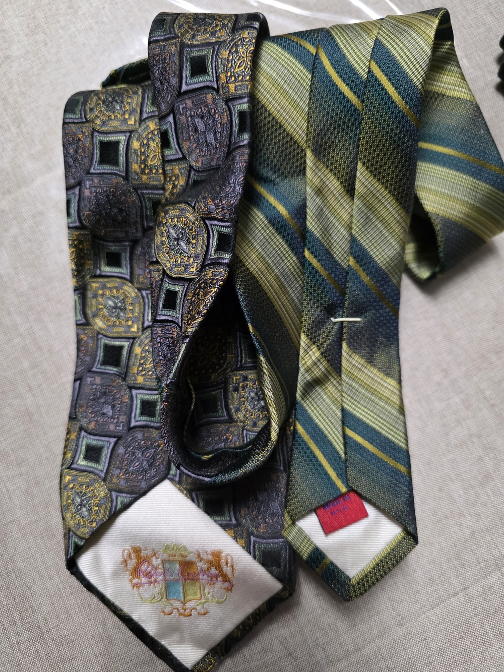 Men's Green Patterned Silk Tie - Classic Striped and Medallion Styles NWT
